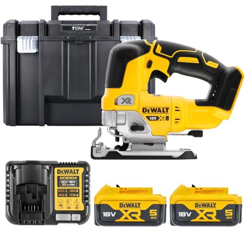 DeWalt DCS334N 18V Brushless Top Handle Jigsaw with 2 x 5.0Ah Batteries & Charger in Case (Without Inaly)