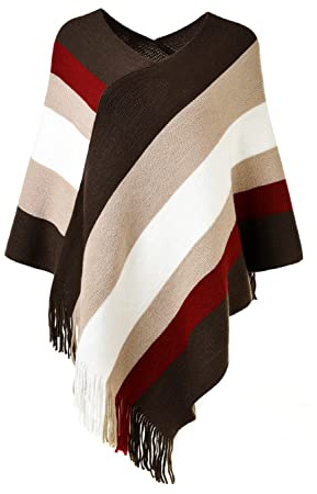 Ferand - Pullover Poncho Maglione da Donna con Frangia - Lavorato a Maglia, Mantella, Righe Grandi, Coprispalle Elegante