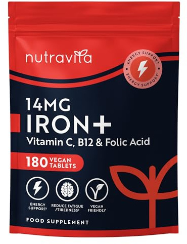 Nutravita Iron Tablets 14mg – 180 Vegan Iron Tablets - 6 Month Supply | High Absorption Iron Supplements for Women & Men - Vitamin C, B12, Folic Acid - Reduction of Tiredness & Fatigue - Made in UK