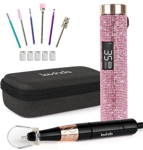 Lavinda - Taladro eléctrico de uñas, kit de taladro de uñas inalámbrico profesional de 35000 rpm para uñas de gel acrílico, Po