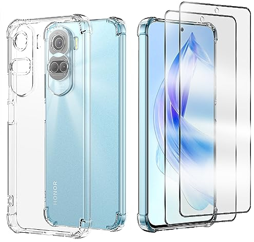 Funda Compatible con para Honor 90 Lite,1 Pack Carcasa Protectora con 2 Cristal Templado, Transparente Suave TPU Silicona Anti-Choque Caso Delgada Anti-arañazos Case