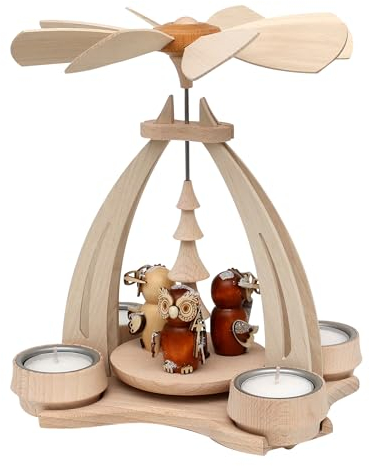 Dekohelden24 Pyramide aus Buchenholz mit Eulen für 4 Teelichter L/B/H ca. 18 x 14 x 24 cm,