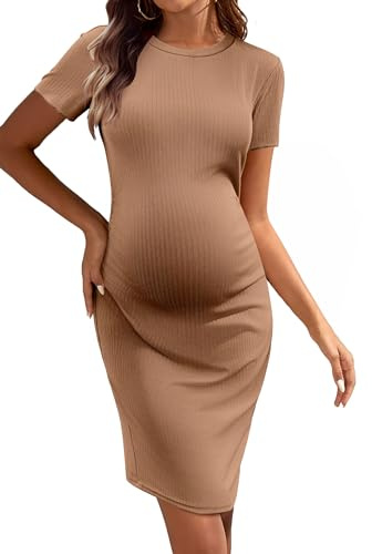 Ekouaer Women's Maternity Dresses Short Sleeve Summer Nursing Dress Khaki XXL
