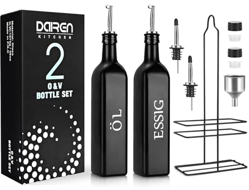 DaiRen Kitchen öL und Essig Spender Flasche 500ML Glas-Set, Olivenöl-Flaschenspender mit Caddy Halter und Edelstahl-Ausguss, Schwarz, 2-teiliges Set (Typ 2)