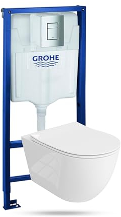 LAVITA Élément mural Solido + WC suspendu Sinto Grande blanc sans bord + abattant WC SoftClose | Bouton chromé | Kit complet | Réservoir de chasse encastré | Kit complet | WC complet |