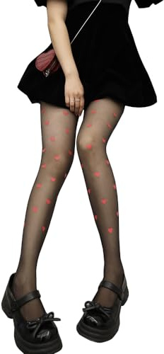 GamTelightpe Collant Fantaisie Femme Bas Transparent Noir avec Motif Cœur Rouge - Taille Unique