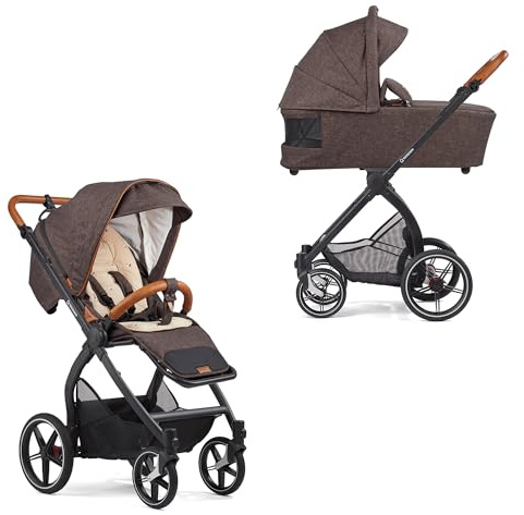 Gesslein Kinderwagen FX4 Swing mit Babywanne Panorama Lyx (Kinderwagen 3 in 1, Liege- & Sitzoption, Sportwagenaufsatz, individuell einstellbar, hoher Komfort, geringes Packmaß, Handbremse), Braun