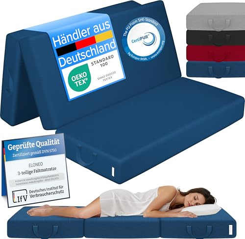 ELONEO Colchón Plegable, colchón para Invitados, colchón Plegable de 3 Piezas, Espuma Extra Gruesa (15 cm), Lavable, Plegable, Adultos (Azul, 120 x 195 x 15 cm)