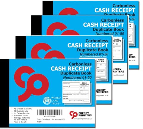 Cherry Printers Carbonless (NCR) Cash Receipt Book Duplicate A6 50 Sets Numbered 1-50 | A6 2 Part Receipt Book for Cash Payments | Perfect for The Self Employed and Taxis | Made in the UK **4 Pack**