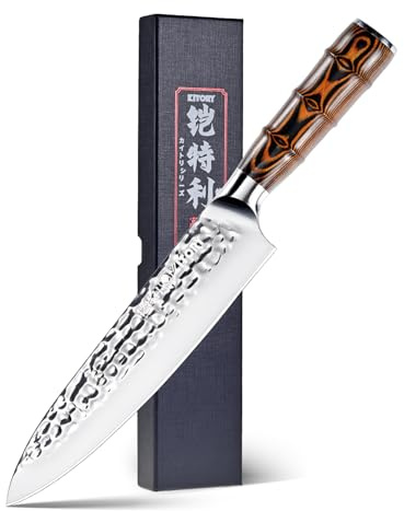 Kitory Coltello da Cuoco 20 cm, Coltello Professionale con Lama Martellata, Manico a Forma di Bambù, Acciaio Inossidabile Tedesco HC, Confezione Regalo Inclusa
