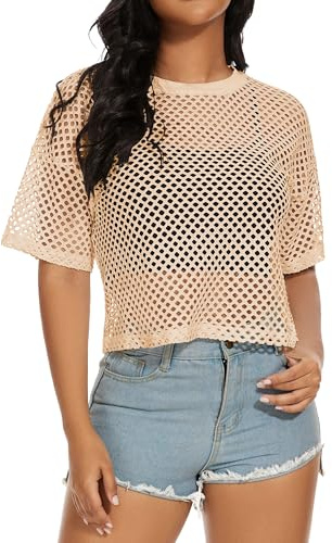 Womens Mesh Top Short Sleeve See Through Fishnet T Shirt Neon Tops | soft and lightweight, multiple colours, trendy festival outfits, stylish streetwear for club nights