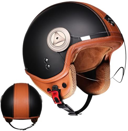 Retro Helm Motorrad, Vintage Jethelm Motorradhelm ECEDOT Zertifizierung Winddichter Motorrad Scooter Semi-Open HelmM 57-58CM