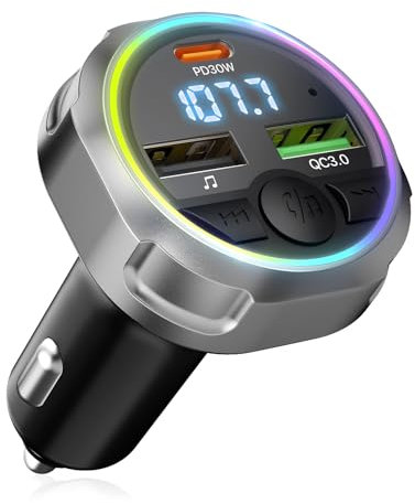 ORIA Transmetteur FM Bluetooth 5.3, Adaptateur de Chargeur de Voiture sans Fil avec PD 30W et QC3.0 18W, Prise en Charge de Clé USB, Lumière Colorée, Appels Mains Libres