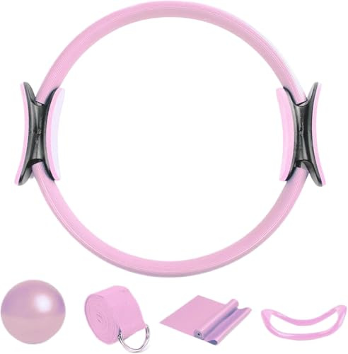 Generisch Pilates Ring Set, 5 Teilige Pilates Ring Kit, Pilates Set für Zuhause Enthalten Yogaball,Yoga Ring,Yoga Widerstandsring,Yoga Widerstandsband,Yoga Hilfsgürtel, Pilates Essential Kit (Rosa)