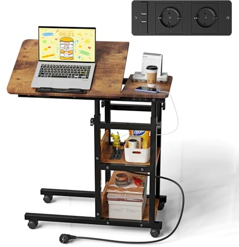 OXFENSEE mesa auxiliar con ruedas, 80 cm x 40 cm, para ordenador portátil con enchufe y USB en forma de C, altura ajustable