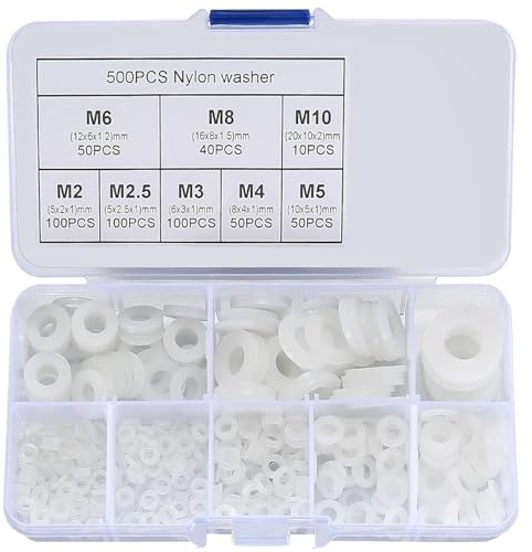 WUBAYI 500 Stück Weiße Nylon-Dichtungen, Kunststoff-Unterlegscheiben Sortiment, Flachrund für Sanitär, Armaturen & mechanische Reparaturen, Größen M2, M2.5, M3, M4, M5, M6, M8, M10