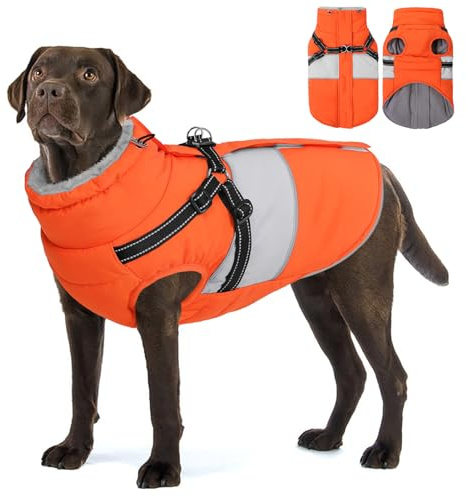 AOFITEE Dog Winter Coat, Dog Coat with Harness Built in, Dogs Jacket for Large Dogs, Reflective Waterproof Pet Puffer Jacket Snowsuit, Warm Fleece Windproof Pet Sweater for Cold Weather, XL