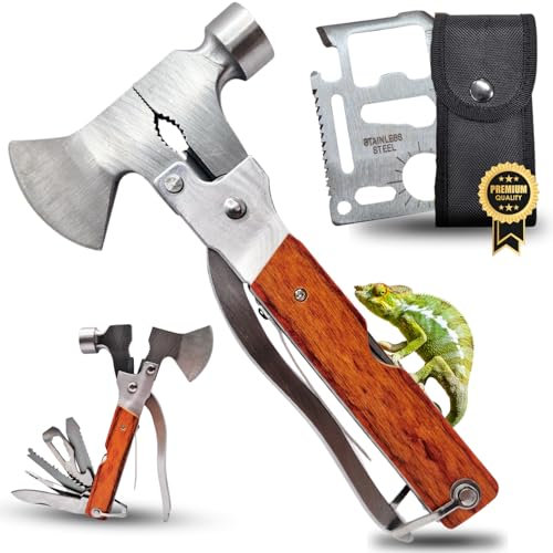 CAVECA Herramienta Multiusos 18 en 1 de Acero Inoxidable con Mango de Madera + REGALO Tarjeta Mulitusos, Hacha Multiusos de Supervivencia, Hacha Multiherramienta Plegable con Martillo Multiusos.