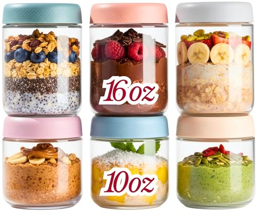 CATIFLIN 6-Pack Overnight Oats Containers with Lids, 16oz & 10oz Glass Mason Jars, Airtight Wide-Mouth Food Storage Containers for Meal Prep, Yogurt, Salad, Snacks, Chia, and Baby Food