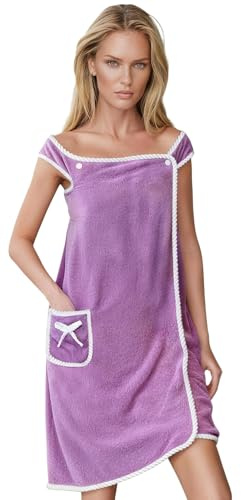 AUYAO Asciugamano da Bagno Indossabile ad Asciugatura Rapida da Donna, Telo da Bagno da Donna con Bottoni a Pressione, Accappatoi in Pile di Corallo con Tasca, Assorbente, per Casa, Spa(Viola Chiaro)