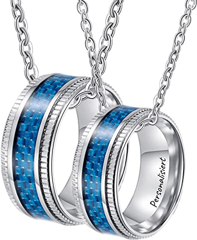 Halsband i rostfritt stål par med ringhänge, 2 delar partnerkedjor kolfiber, blå för män och kvinnor, stål, ingen ciconia