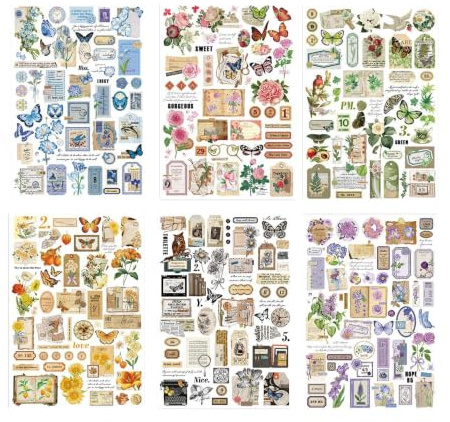 Stickers Scrapbooking Vintage Fleurs Papillon, Autocollants Papier Washi pour Bullet Journal, Agenda, Carnet et Album Photo, Accessoires Journaling, Décoration DIY Esthétique, 6 Feuilles Créatifs
