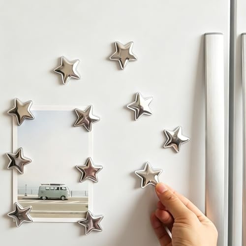 10 Pcs Silver Star Fridge Magnets, Electroplated Vintage Resin Magnetic Stickers for Refrigerator, Strong Hold for Photos Notes, Kitchen Office Home Decor