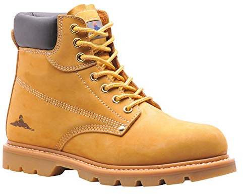 Portwest FW17 Komfort och Hållbarhet Stövlar Fullnarvigt Läder Halkfri Bygg | Honung, 45, SB EN ISO 20345, Unisex, Bränsle- och Oljebeständig, 200 Joule Stålhätta, Draglapp, Värmebeständig Yttersula