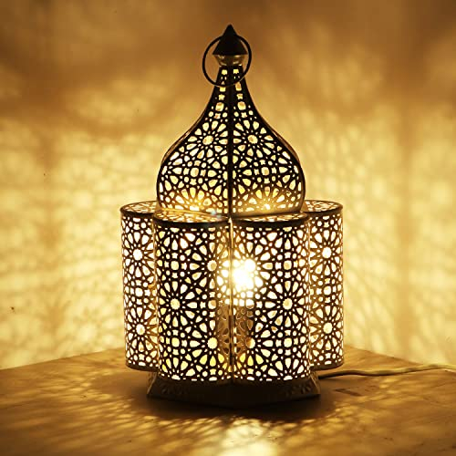 Orientalische kleine Tischlampe Lampe Feryal 37cm Weiss E27 | Marokkanische Tischlampen klein aus Metall, Lampenschirm Goldfarbig | Nachttischlampe modern für Boho Stil Design