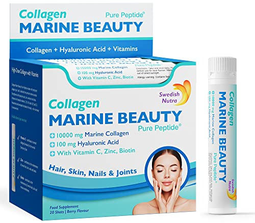 Swedish Nutra - Marine Beauty Collagen-shots (20 bilder) | Kollagen typ 1 & 3 för hår, hud och naglar | 100 % läcker naturlig smak | Hög absorption