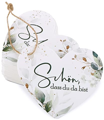 50 Stück Geschenkanhänger Hochzeit Schön dass du da bist Etiketten Herz Anhänger Eukalyptus Tags Gastgeschenke Deko Party Geschenke zum Basteln mit 10m Jute Schnur (50)
