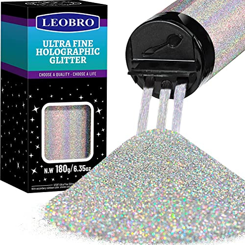 LEOBRO 180G/6.35OZ Holographic Ultra Fine Glitter, 1/128 Metallic Iridescent Powder Sequins Flakes for Hair, Face, Body, Nail, Resin Tumblers and Art Crafts, Black