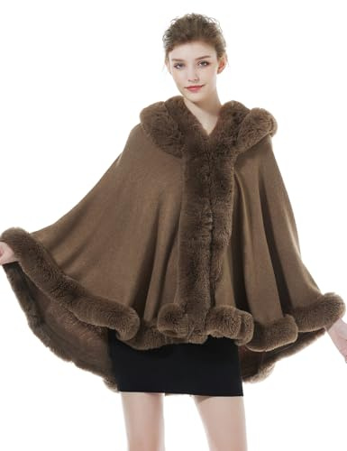 BEAUTELICATE Chal Pelo Mujer Poncho Capa de Piel Sintética Mujer Estola con Capucha de Punto Lana Abrigo Boleros para Bodas Fiesta Navidad Invierno （Caqui）