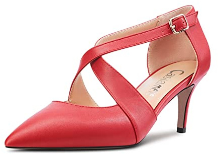 Castamere Aiguille Mi Talon Heel Pointu Bout Lanières Croisées Escarpins Mariage Party 6.5 CM Heels Rouge Matte 38 EU