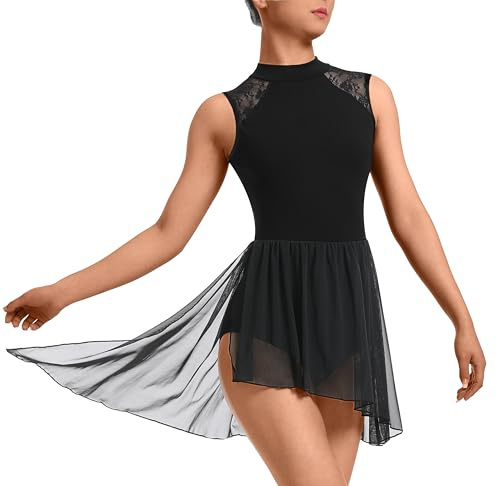 DANSHOW Women Lyrical Modern Dance Dress Asymmetric High-Low Mesh Skirted Contemporary Dance Costume(Z23708-06-XL) Black