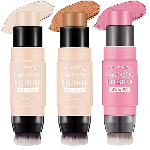 3 Stück Highlighter Contouringstick Set- Wasserfester Langanhaltender Creme Rouge Konturenstifte with Brush - Face Brightens Shades Pen - Highlighting Shade Cream Blush für alle Haut