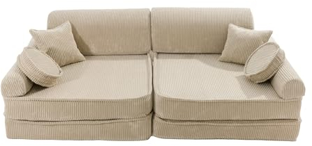 MEOWBABY Kindersofa – Spielsofa für Kinder – Weiche Klappsofa mit Schlaffunktion – Kuschelecke für Kinderzimmer, Cord, Ecru