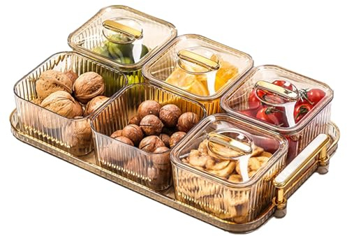 FuyoSegen 6 ciotole in vetro trasparente con supporto in metallo dorato, piatti per condimenti, ciotole da portata, vassoio per antipasti/caramelle/noci/biscotti/cibo per feste/patatine e salse.