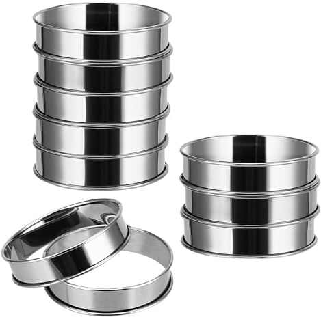 FAAING 10 anillos de 10 cm para hornear, pequeños, para tartas, postres, redondos, de acero inoxidable, anillos de doble rollo para hornear magdalenas esponjosas, tortillas, panqueques, mousse