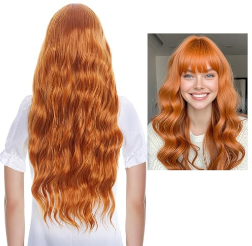 Perruque pour femme, couleur avec frange, longue, ondulée, couleur naturelle, bouclée, cheveux longs, pour femme, 71 cm, bordeaux (couleur orange)