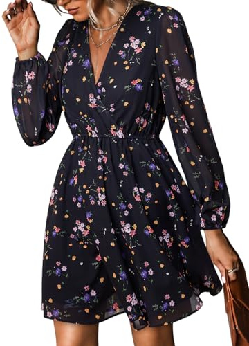 CUPSHE Women's Floral Print Chiffon A-Line Mini Dress Long Peasant Sleeves Elastic Autumn Dress Black Ditsy L