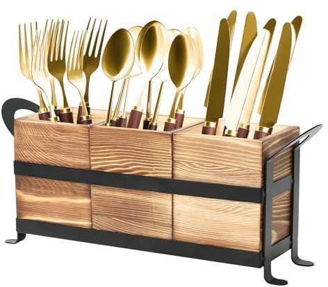 Yallmie 3 Compartiments Porte Ustensiles de Cuisine, 31,1x8,9x14,3cm Rangement Ustensiles Cuisine en Bois avec Amovible Support en Fer et 2 Poignées, Pot Ustensiles Bois Organisateur de Couverts