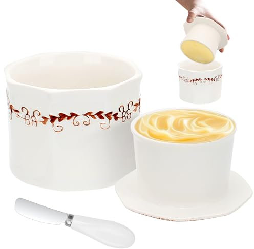 Beurrier 280 g Beurrier en Céramique avec Couteau à Beurre, Bloche à Beurre en Céramique Refroidie à l'Eau avec Couvercle pour la Fraîcheur et le Beurre Tartinable (Blanc) (11.7*8.6cm)