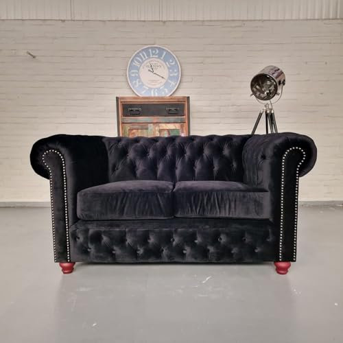Brighton 2-sits klassisk Chesterfield soffa – svart tyg