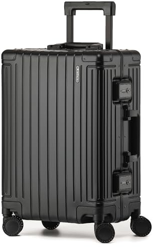 KOFA Geneva 100% Aluminium Handgepäck Koffer, 55cm Handgepäck Hartschalen Trolley, Cabin Reisekoffer, Rollkoffer Spinner Carry-on mit 4 Rollen und doppelte TSA Schloss 35L (Schwarz)