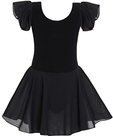TENVDA Ballet Leotards for Girls Dance Outfit Size 6-7 Years Old Old Black Ruffle Sleeve Dancewear Ballerina Dress
