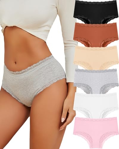 ALL OF SHE Pack de 6 Bragas Mujer Algodon Ropa Interior Mujer Braguitas Brasileñas Encaje Sexy De Talle Medio Transpirables Pack Múltiple XXL