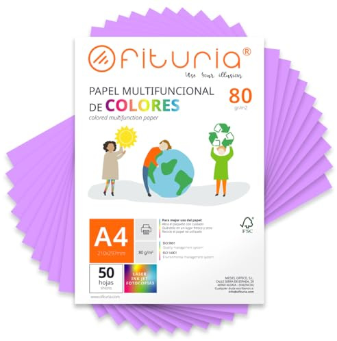 OFITURIA Fogli colorati, Confezione da 50 Fogli A4 80 g – Carta colorata per hobby creativi, stampante, scrapbooking – Fogli colorati (Lilla, 50 fogli)