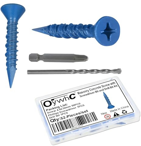 OywhC 50 tornillos de hormigón de mampostería de 4,8 mm x 32 mm con destornillador y broca, revestimiento azul especial, cabeza avellanada plana, punta de diamante cónica, roscas altas y bajas, para