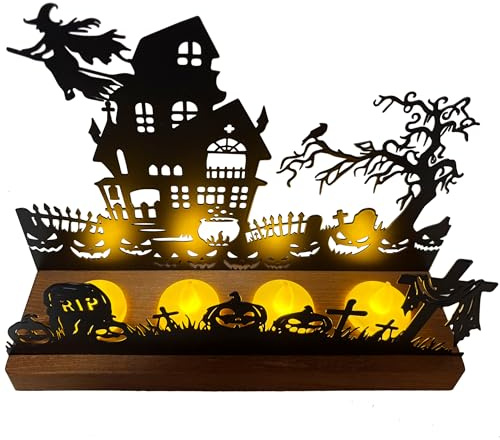 Portavelas de Halloween, silueta de castillo de metal con bruja, cementerio y fantasmas, base de madera extraíble para 4 velas de té, duradero y fácil de limpiar, decoración de mesa de Halloween para